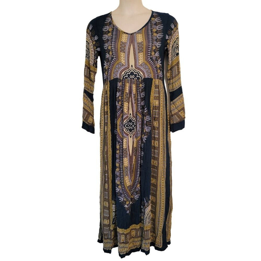 Earthbound Trading Boho Maxi Dress Ethnic Print Flared Sleeves M Blue Green